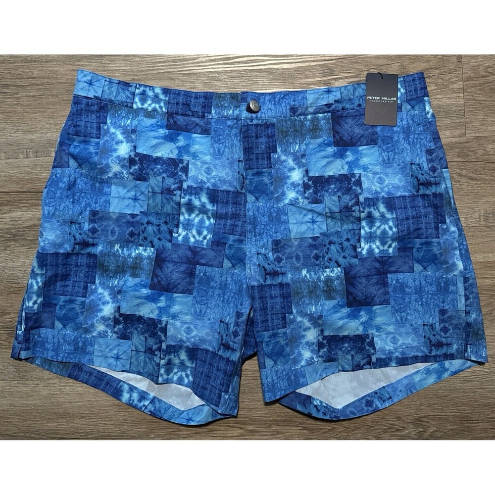 NEW Peter Millar Crown Crafted Men's Size XL Blue Shibori Patchwork Swim Trunk